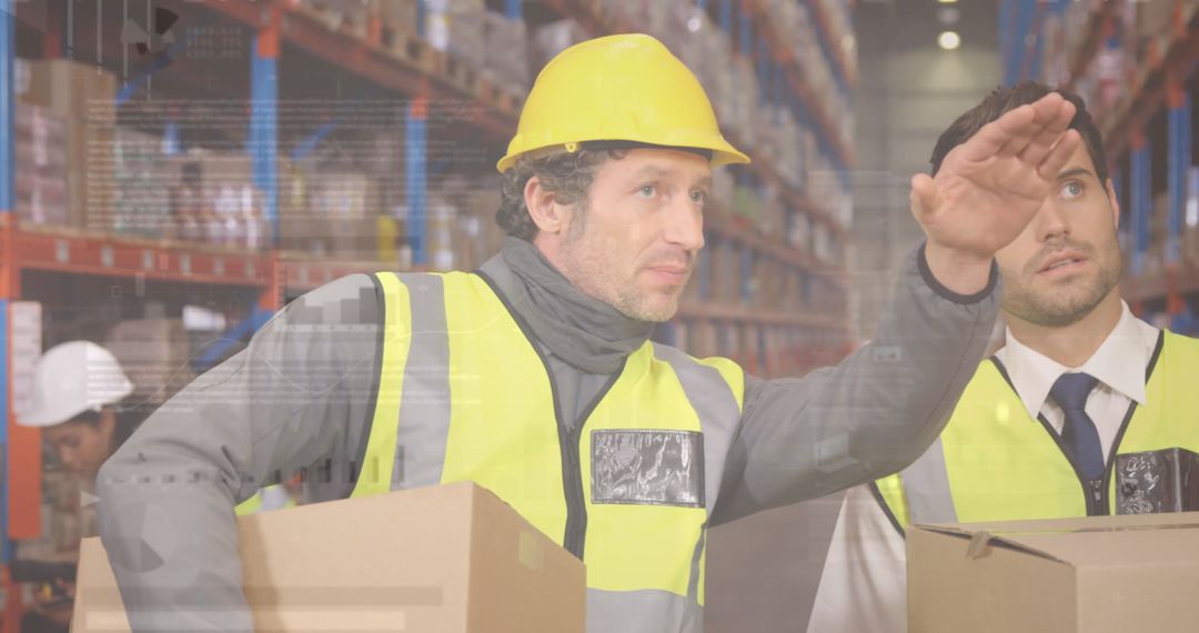 Warehouse Workers Coordinating Shipments with Technology Overlay