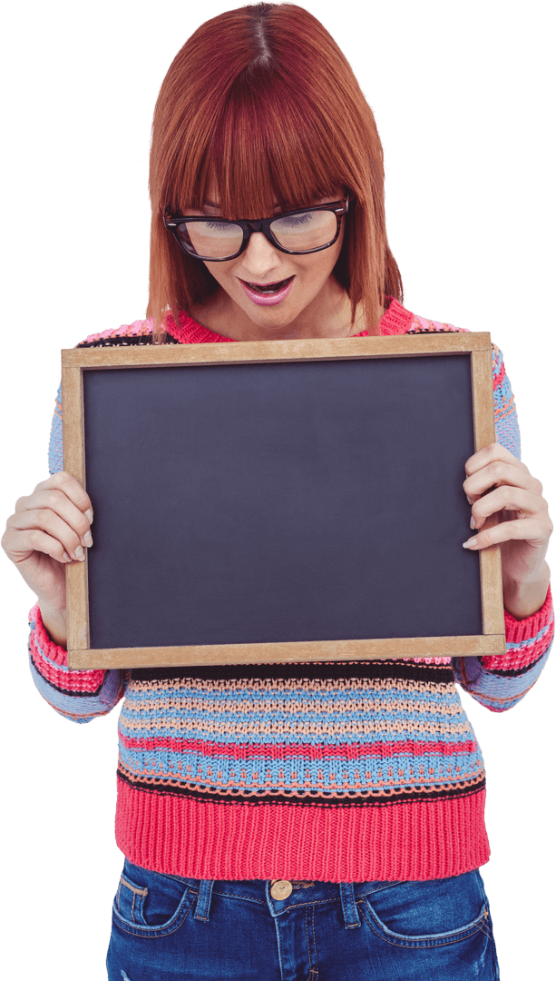 Transparent Hipster Woman with Blank Blackboard