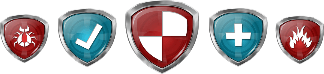 vector security shields with distinctive icons on transparent background