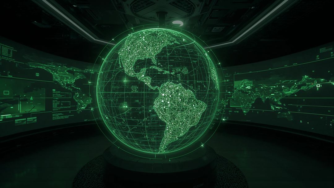 Futuristic 3D Holographic Globe in Control Room Environment
