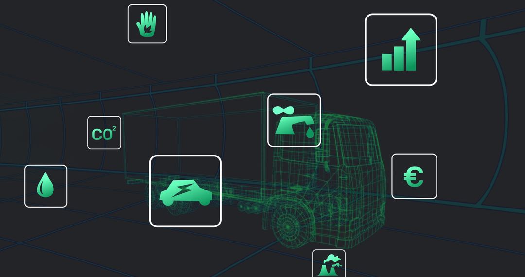 Futuristic Wireframe Truck with Energy and Economy Symbols