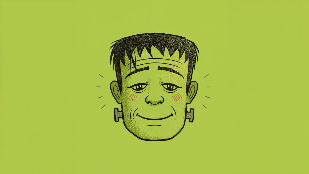 Cheerful frankenstein cartoon monster with stitches and bolts on green background