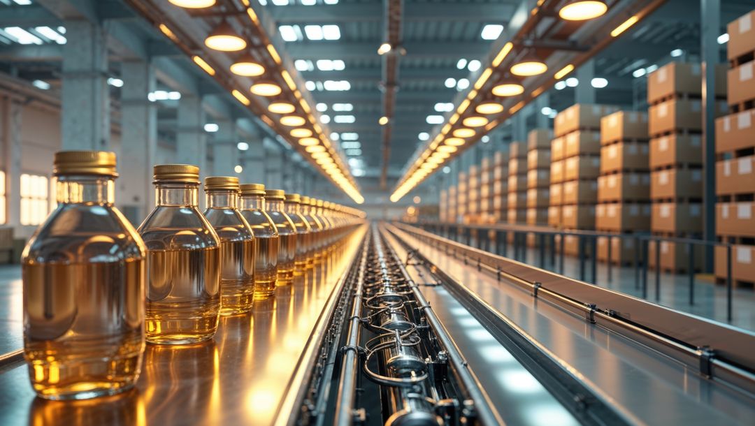 Automated corn syrup bottling line in modern factory setting