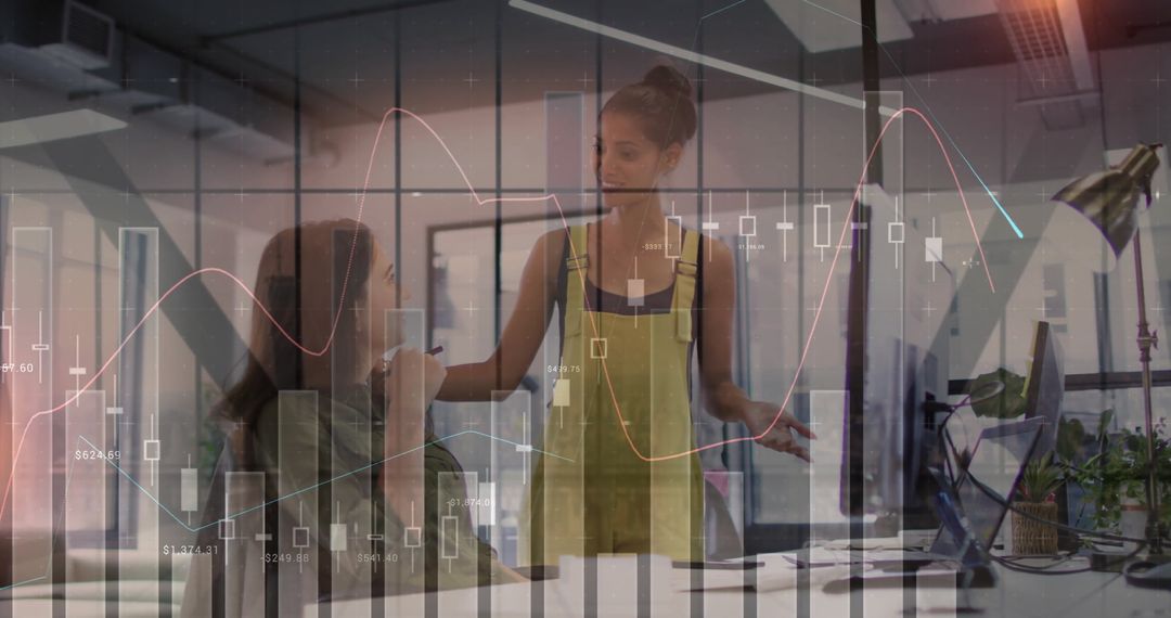 Diverse Team Analyzing Financial Data with Graphs and Charts Overlay