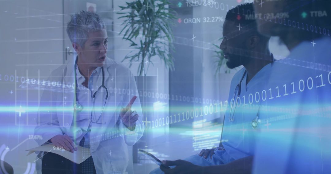 Senior Physician Leading Medical Team with Digital Interface Overlays