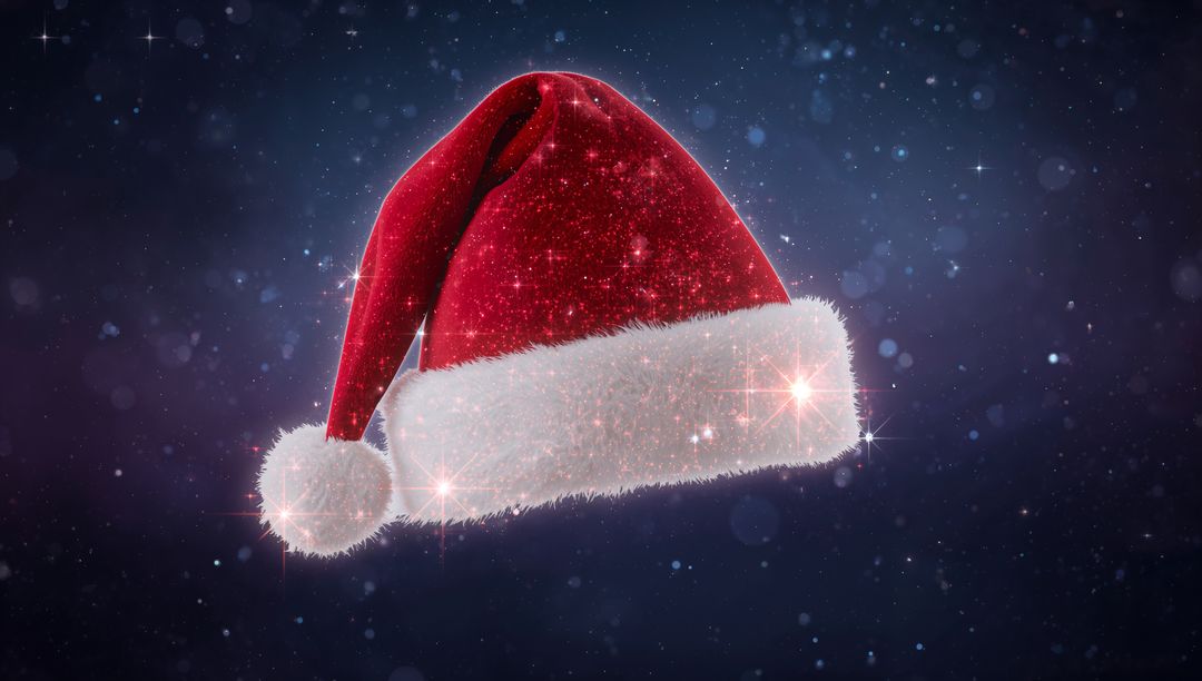 Sparkling Santa Hat Floating over Starfield Red Velvet Cap with Fuzzy Fur Trim