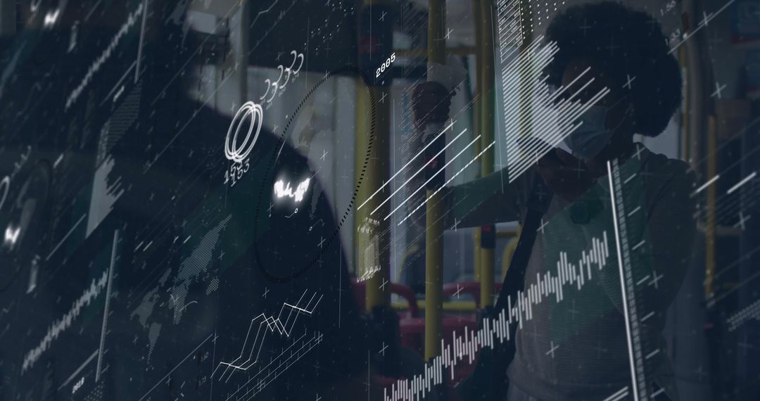 Masked Commuter on Bus with Futuristic Data Overlay