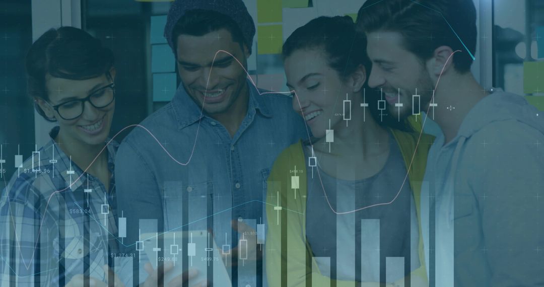 Diverse Team Collaborating over Financial Data on Smartphone