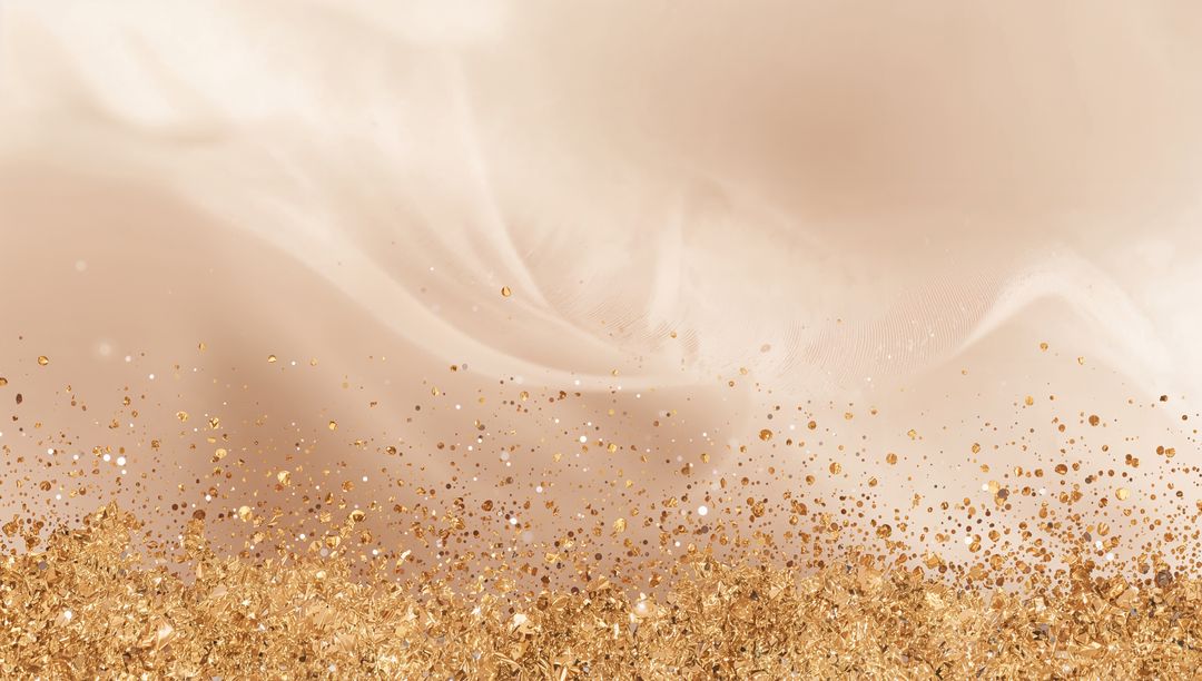 Shimmering gold glitter wave reflecting light on champagne gradient with foil fragments