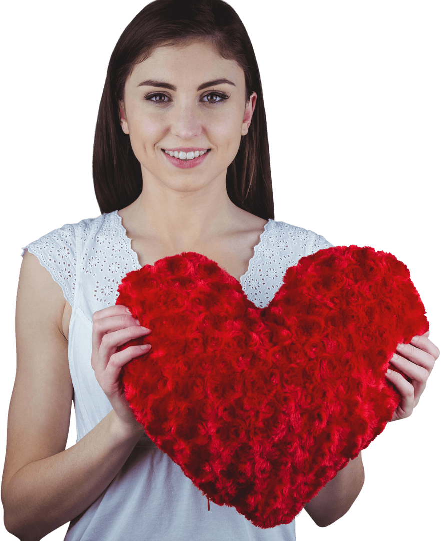 Smiling Woman Holding Red Heart-Shaped Fluffy Cushion Transparent Background