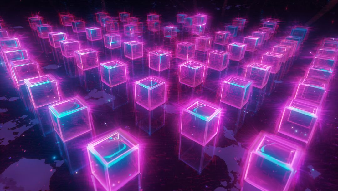 Neon Glass Cube Grid with Magenta Cyan Glow and Futuristic Voxel Matrix