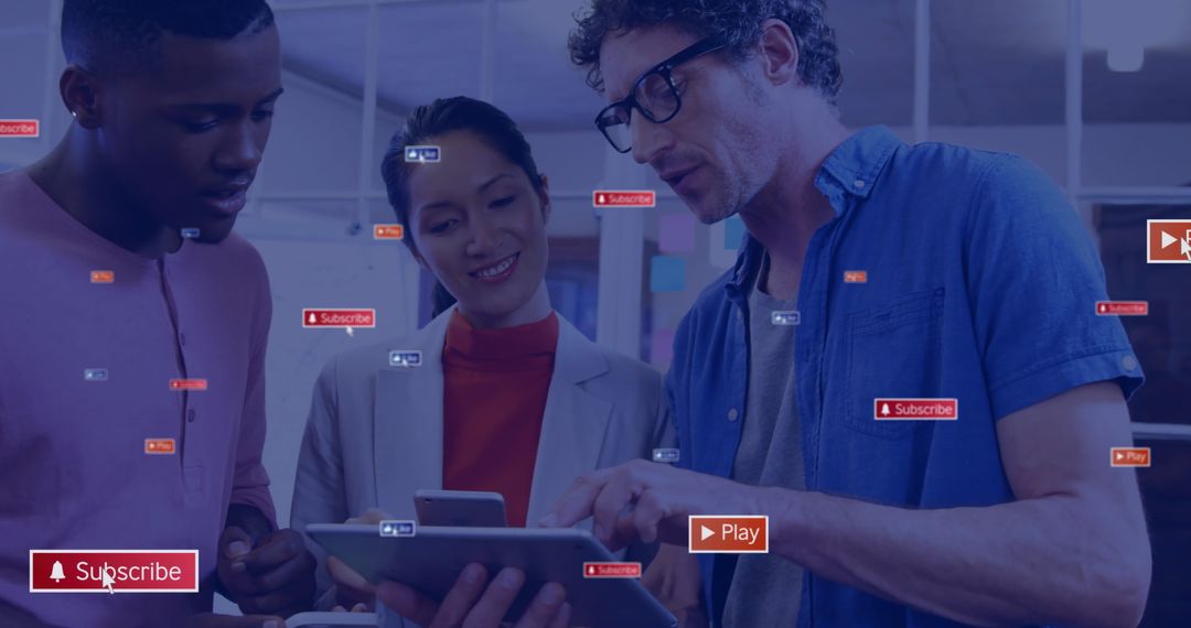 Diverse Team Engaging with Digital Tablet and Social Media Icons