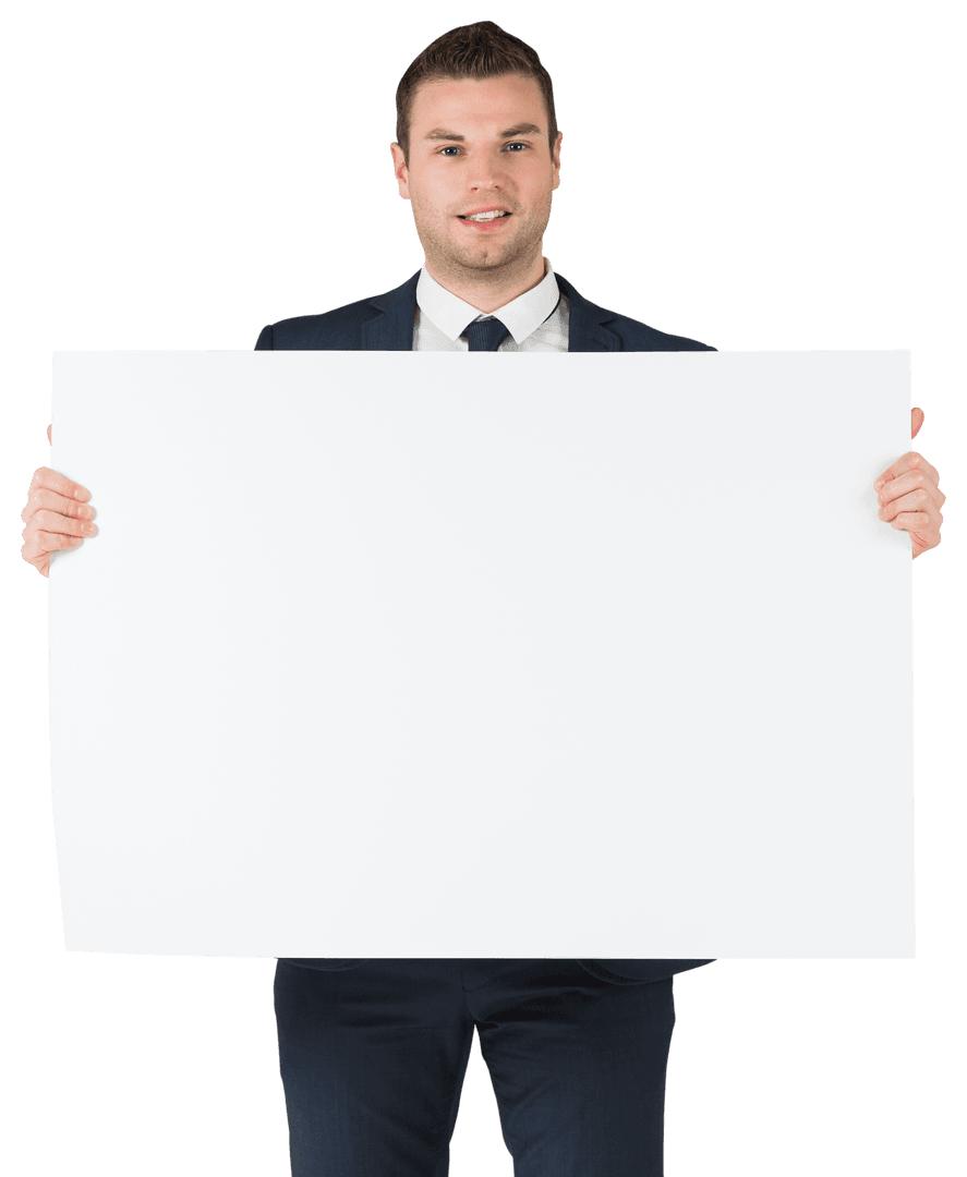 Smiling Businessman Holding Large Blank Card Isolated on White