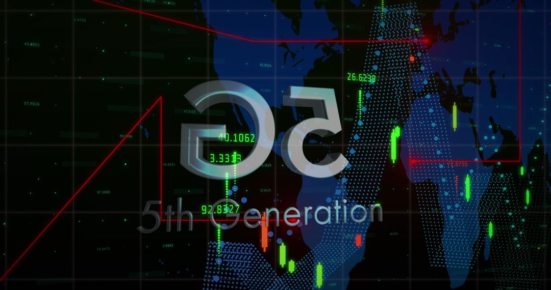5G Technology Overlaid on Financial Data and World Map