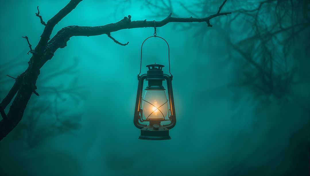 Vintage Lantern Glowing in Mysterious Misty Forest