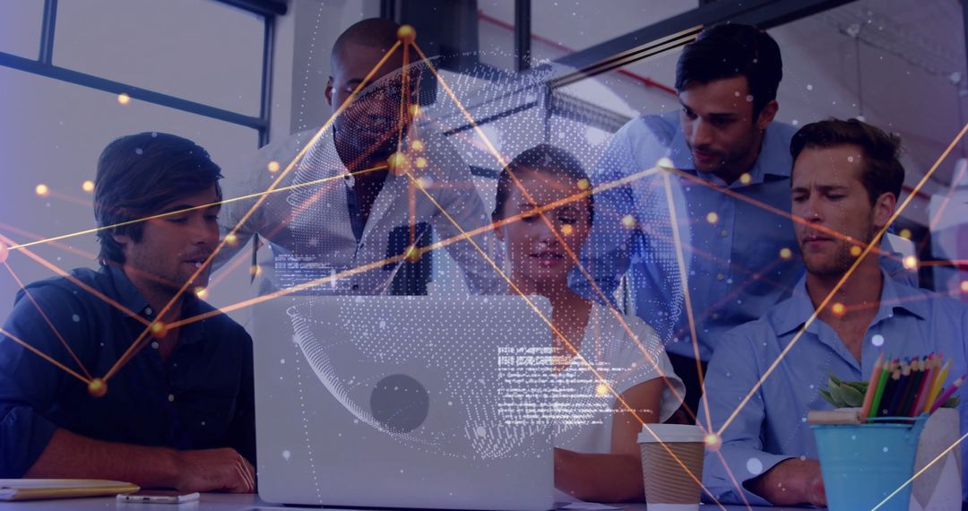 Business Team Collaborating with Digital Connection Overlays