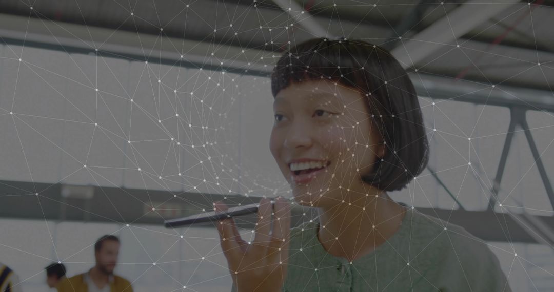 Confident Professional Speaking into Smartphone with Digital Network Lines