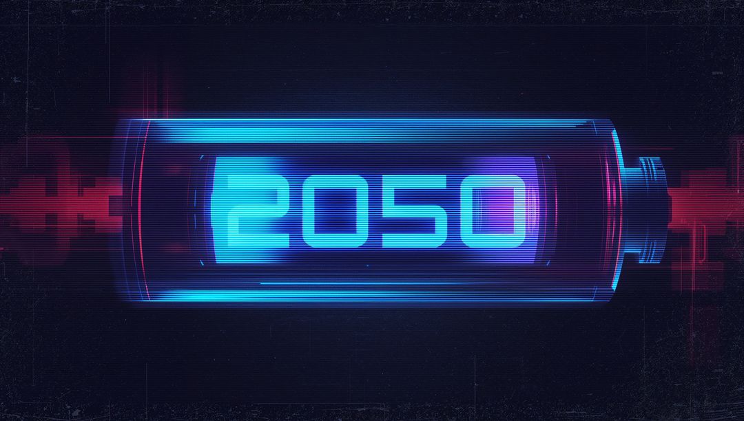 Glowing Neon Battery Readout 2050 for Cyberpunk Synthwave Futuristic Energy Interface