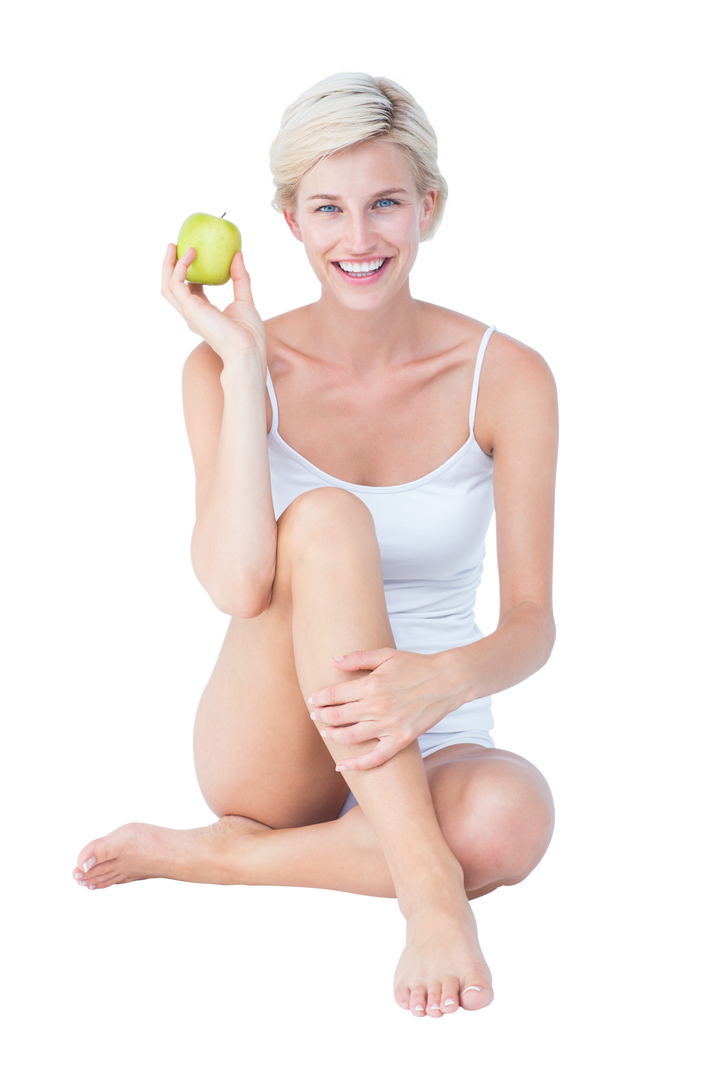 Sophisticated Woman in White Holding an Apple Sitting on White Background Transparent - Download Free Stock Images Pikwizard.com