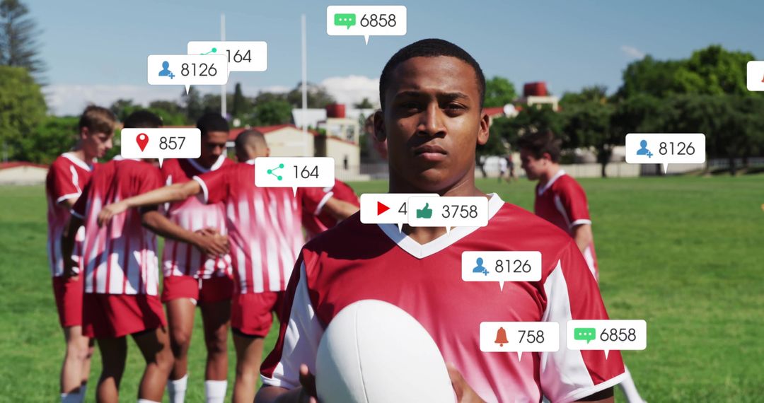 Diverse Rugby Team with Digital Media Engagement Metrics