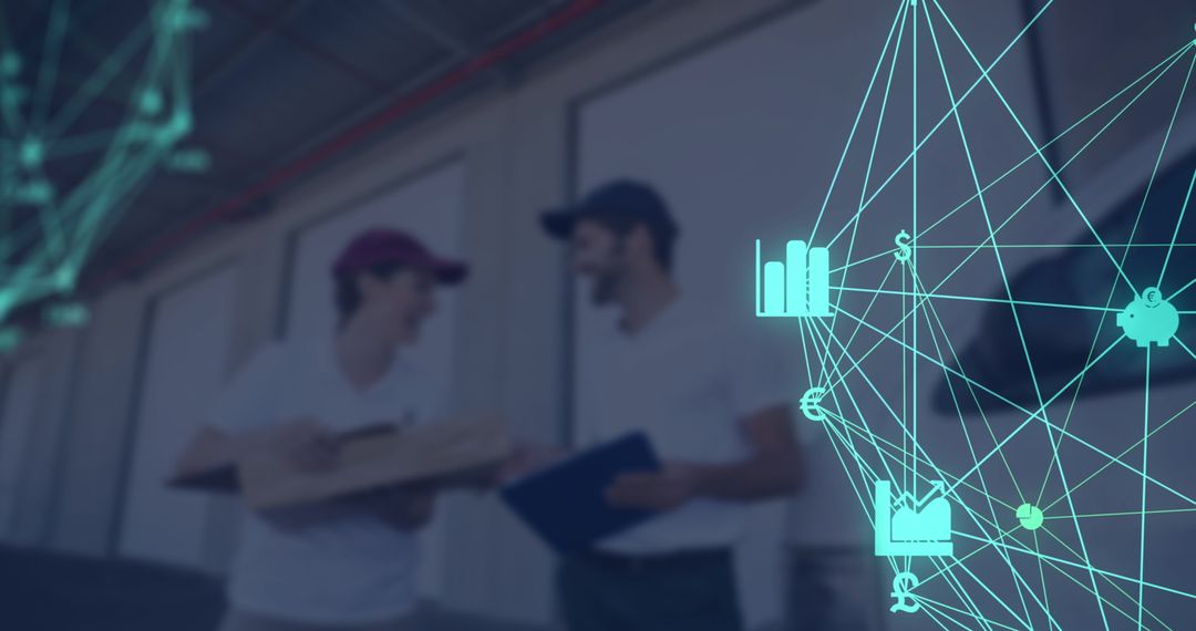 Delivery Men with Abstract Digital Network Overlays