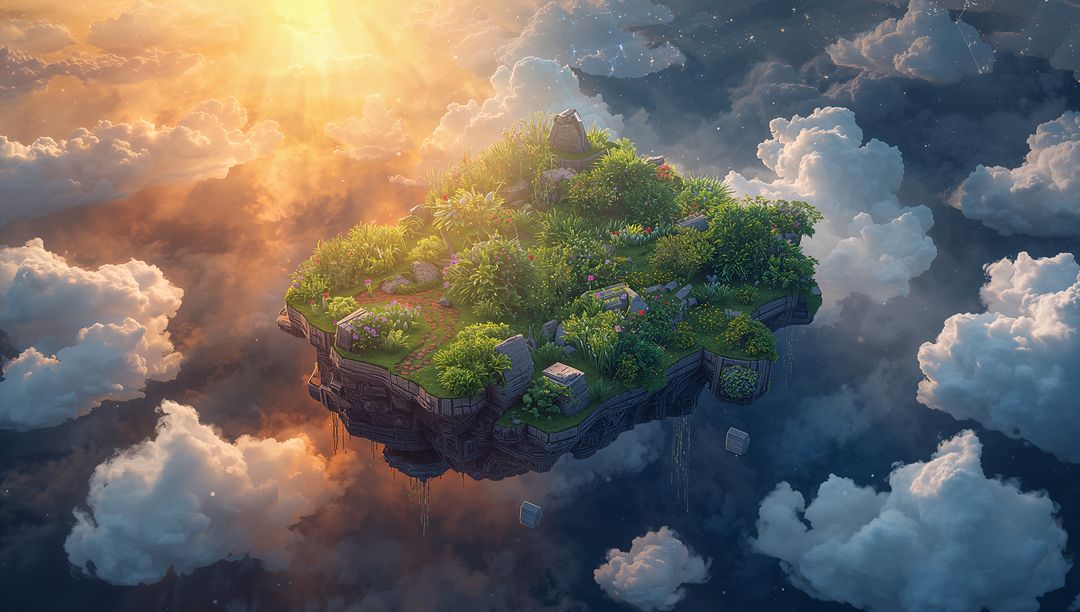 Sunlit Floating Island with Lush Vegetation and Ancient Ruins Hovering above Clouds