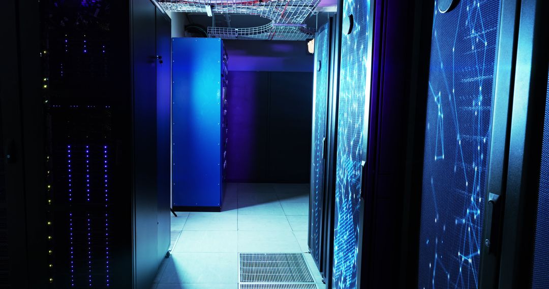 Server Room with Futuristic Digital Interface Projection