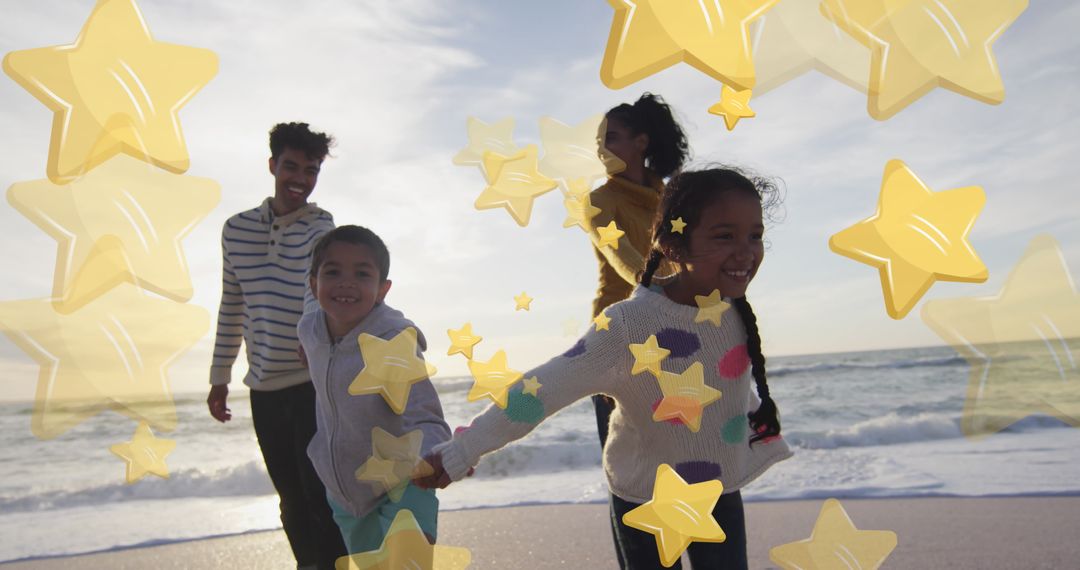 Joyful Hispanic Family Strolling on Beach with Floating Stars