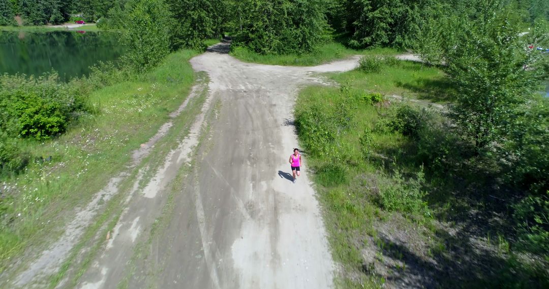 Aerial View of Person Walking on Forest Path in Green Landscape - Free Images, Stock Photos and Pictures on Pikwizard.com