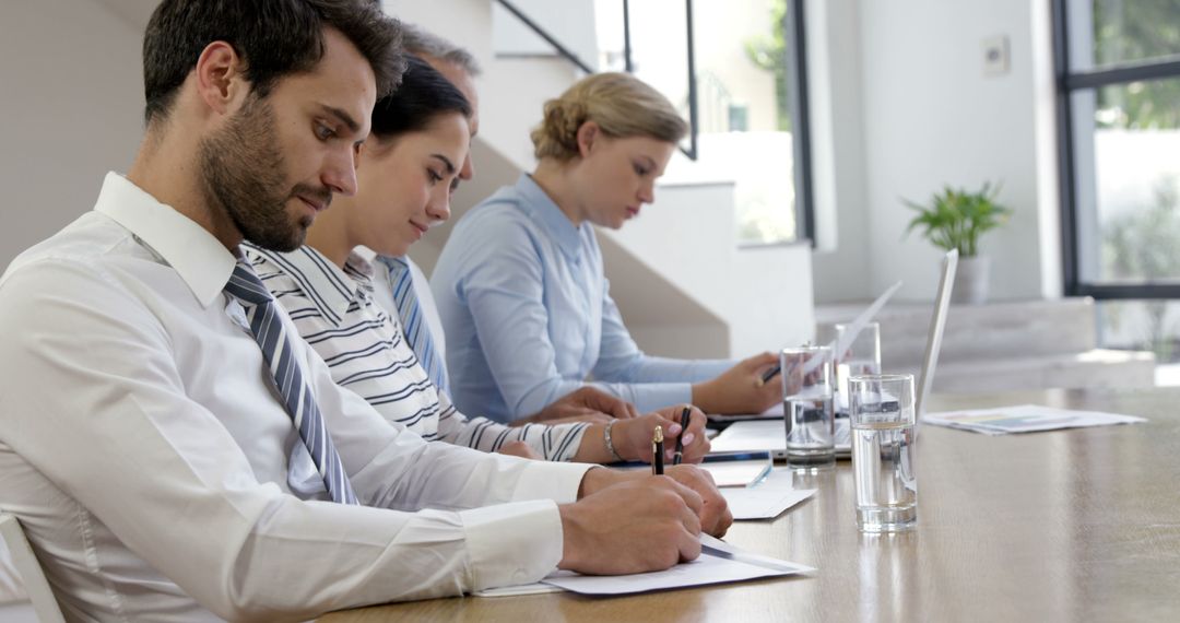 Focused Business Team Collaborating and Taking Notes in Office