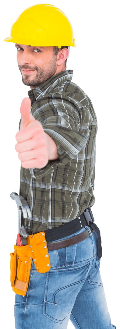 Confident Male Worker Giving Thumbs Up on Transparent Background