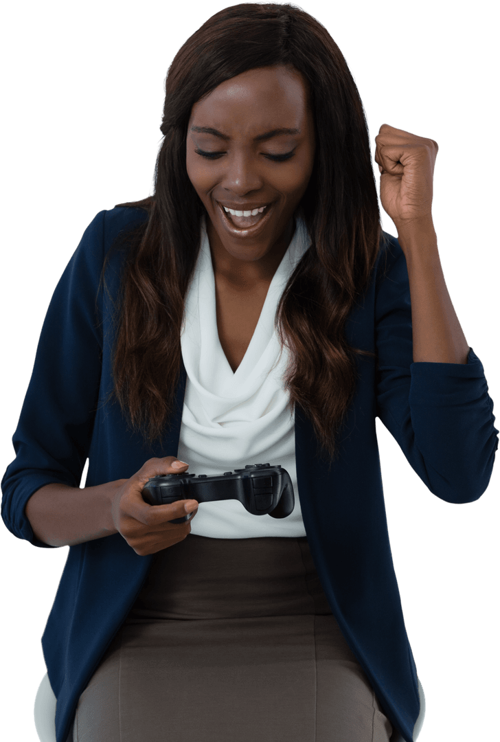 Excited Businesswoman Playing Video Game with Transparent Background