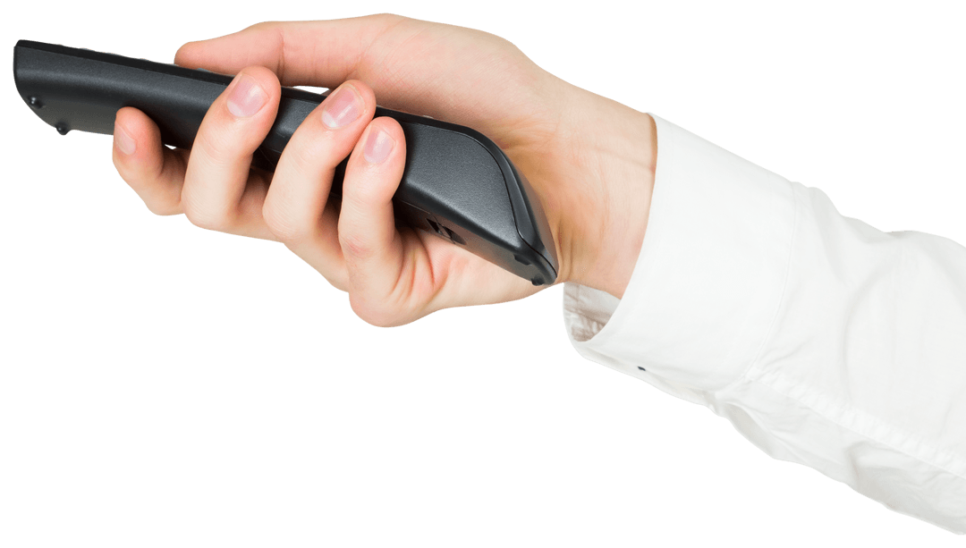 Caucasian Male Hand Holding Remote Control on Transparent Background
