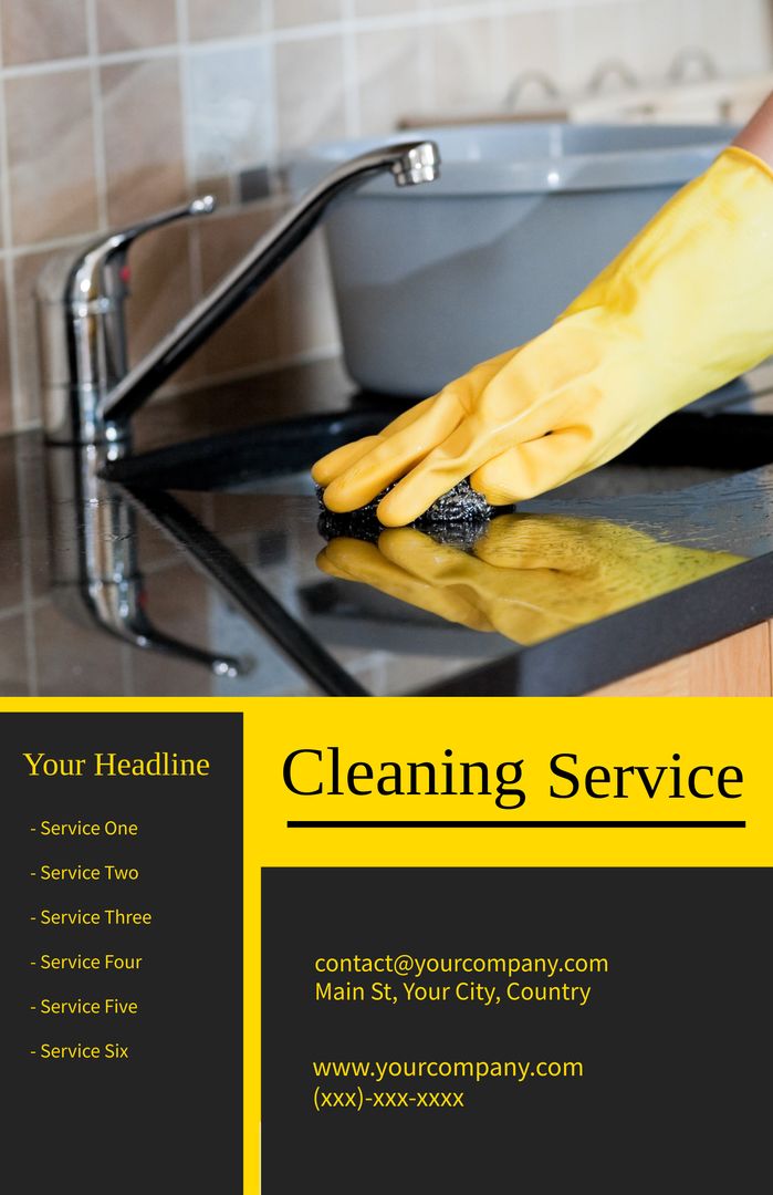 Cleaning Service Advertisement with Gloved Hand Scrubbing Countertop