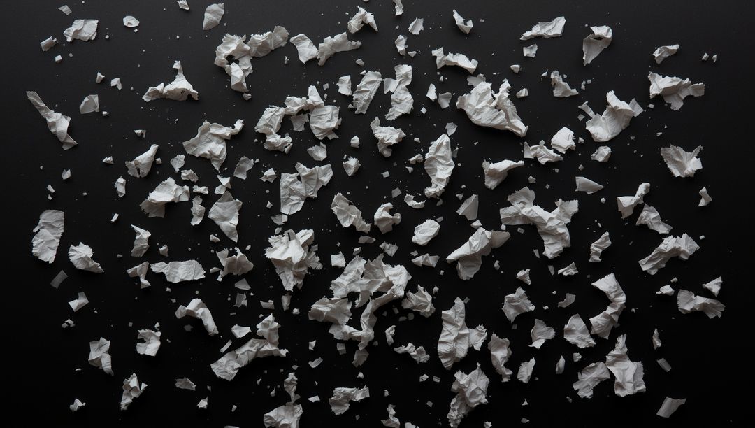 Torn White Paper Fragments on Dark Surface Showing Contrast