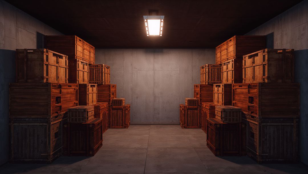 Amber-lit industrial storage room with stacked wooden crates and dramatic overhead lighting
