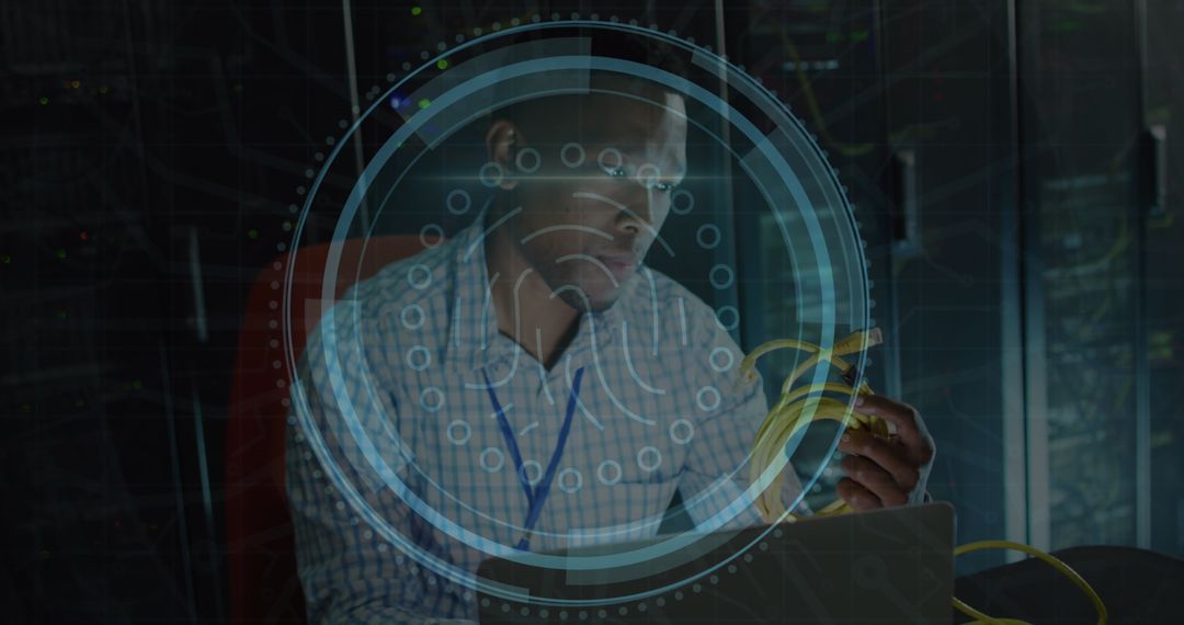 Engineer With Technology Overlay in Secure Server Room