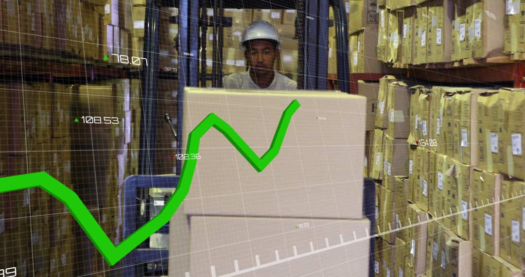 Warehouse Worker Operating Forklift with Financial Graph Overlay