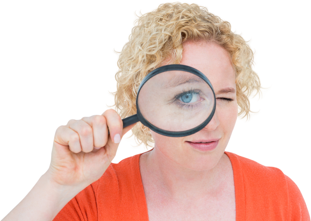 Person with Curly Hair Holding Transparent Magnifying Glass in Front of Face - Download Free Stock Images Pikwizard.com