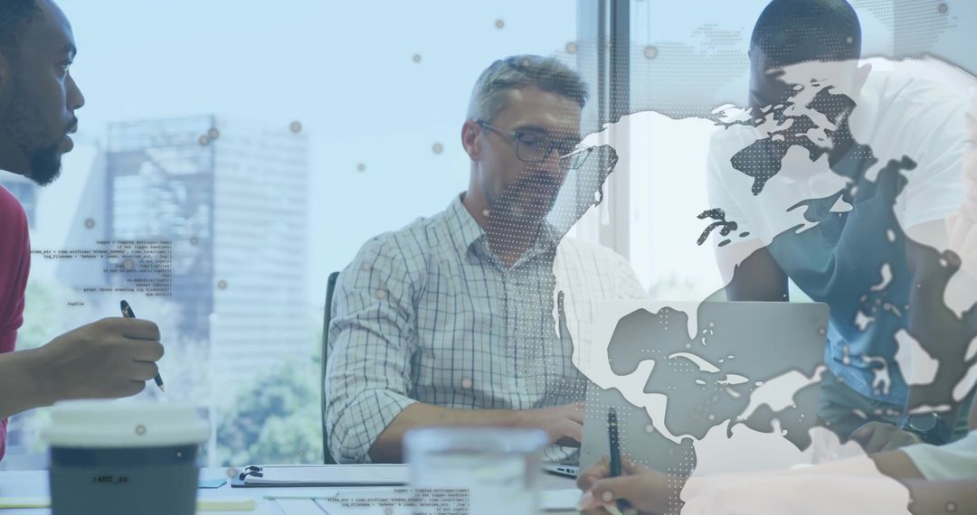 Global collaboration brainstorming with team around laptop and world map data overlay