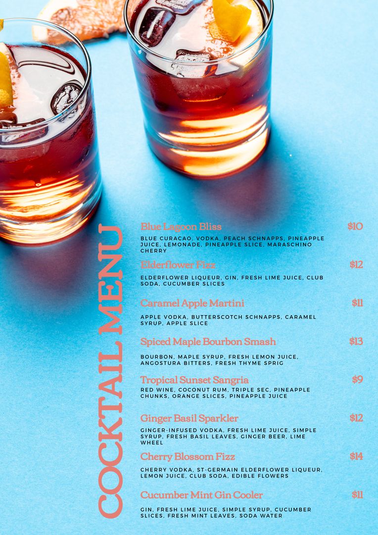 Summer Cocktail Menu with Refreshing Drinks for Bars and Events - Download Free Stock Templates Pikwizard.com
