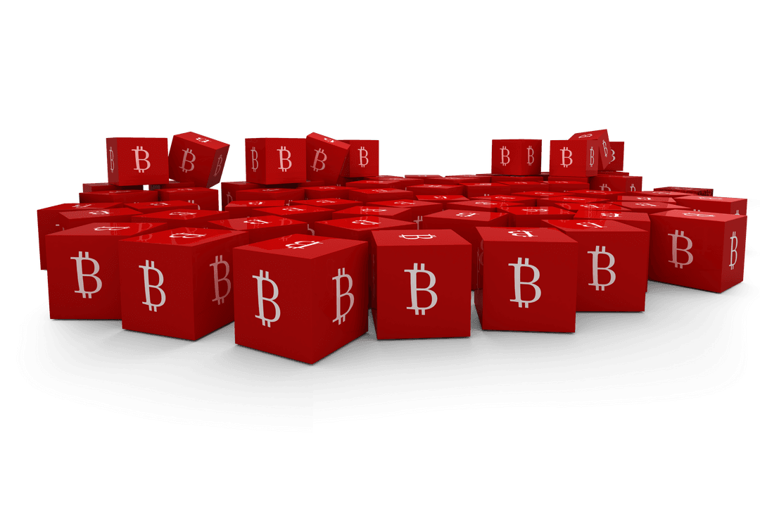 Transparent Red Bitcoin Cubes Symbolizing Cryptocurrency