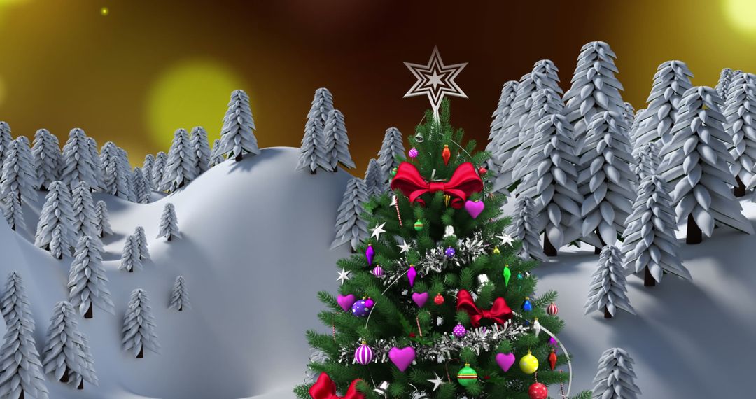 Decorated Christmas Tree on Snowy Hillside