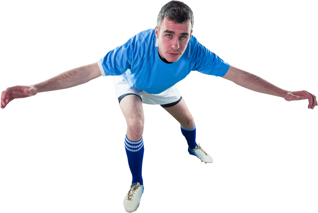 Transparent Rugby Player Tackling Action Pose in Blue Jersey