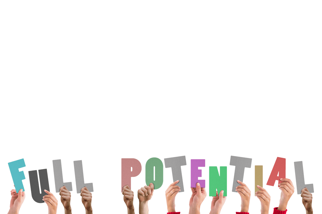 Hands Holding Full Potential Text on Transparent Background