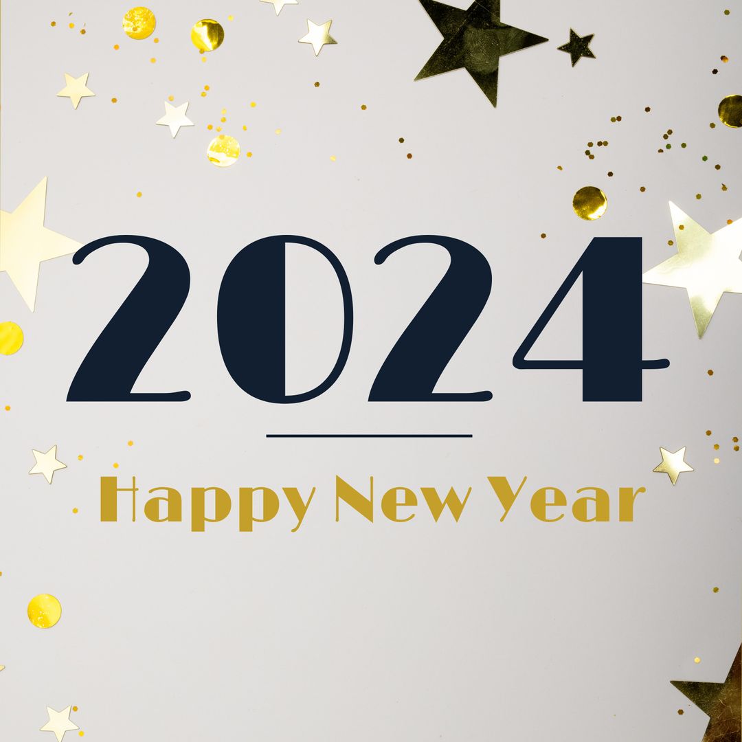 2024 New Year Celebration Greeting with Stars and Confetti