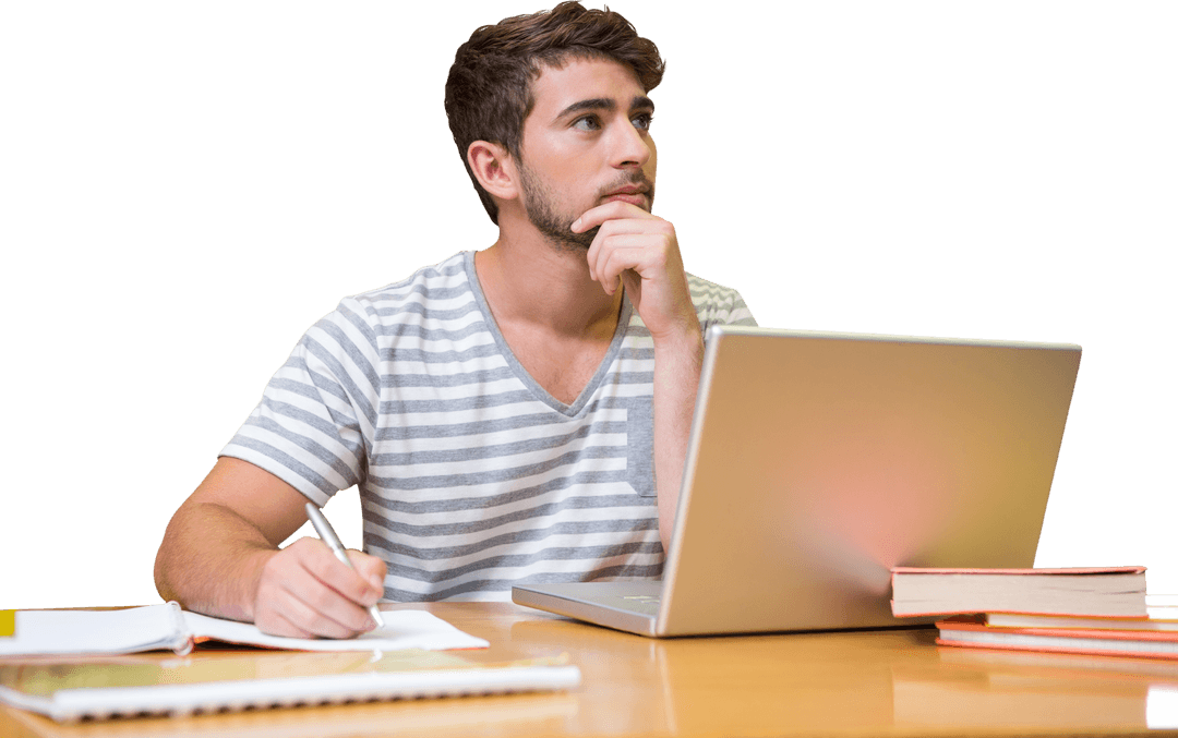 Thoughtful Student Studying with Laptop and Notes on Transparent Background