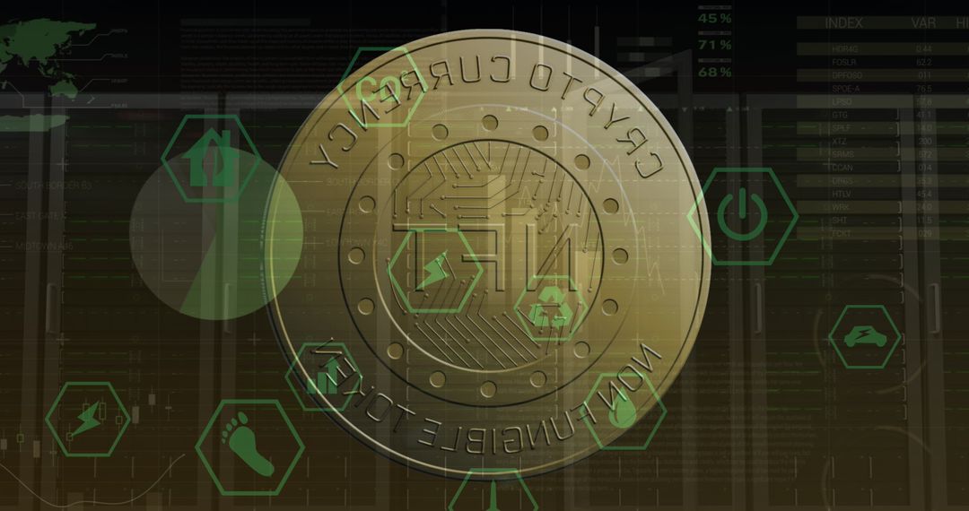 Digital Coin with NFT Themes and Financial Data Background