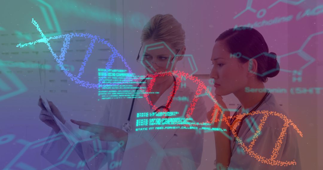 Female Doctors Analyzing Digital DNA Data Interface