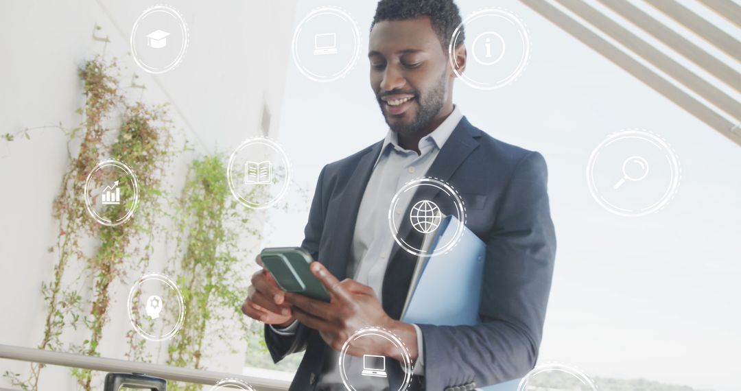 African American Businessman Interacting with Digital Interfaces